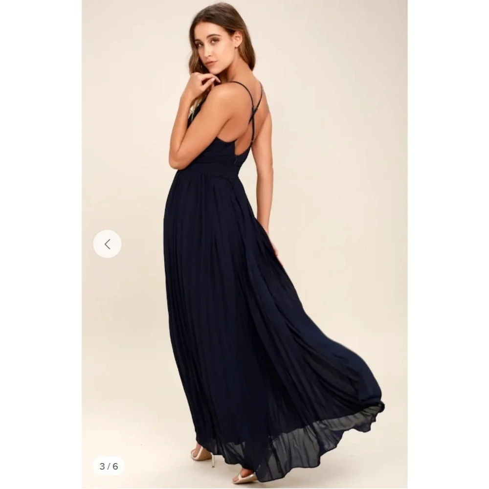 NWT Lulus Depths of My Love Navy Maxi Dress XL V Neck Cross back Formal Prom - Picture 2 of 14